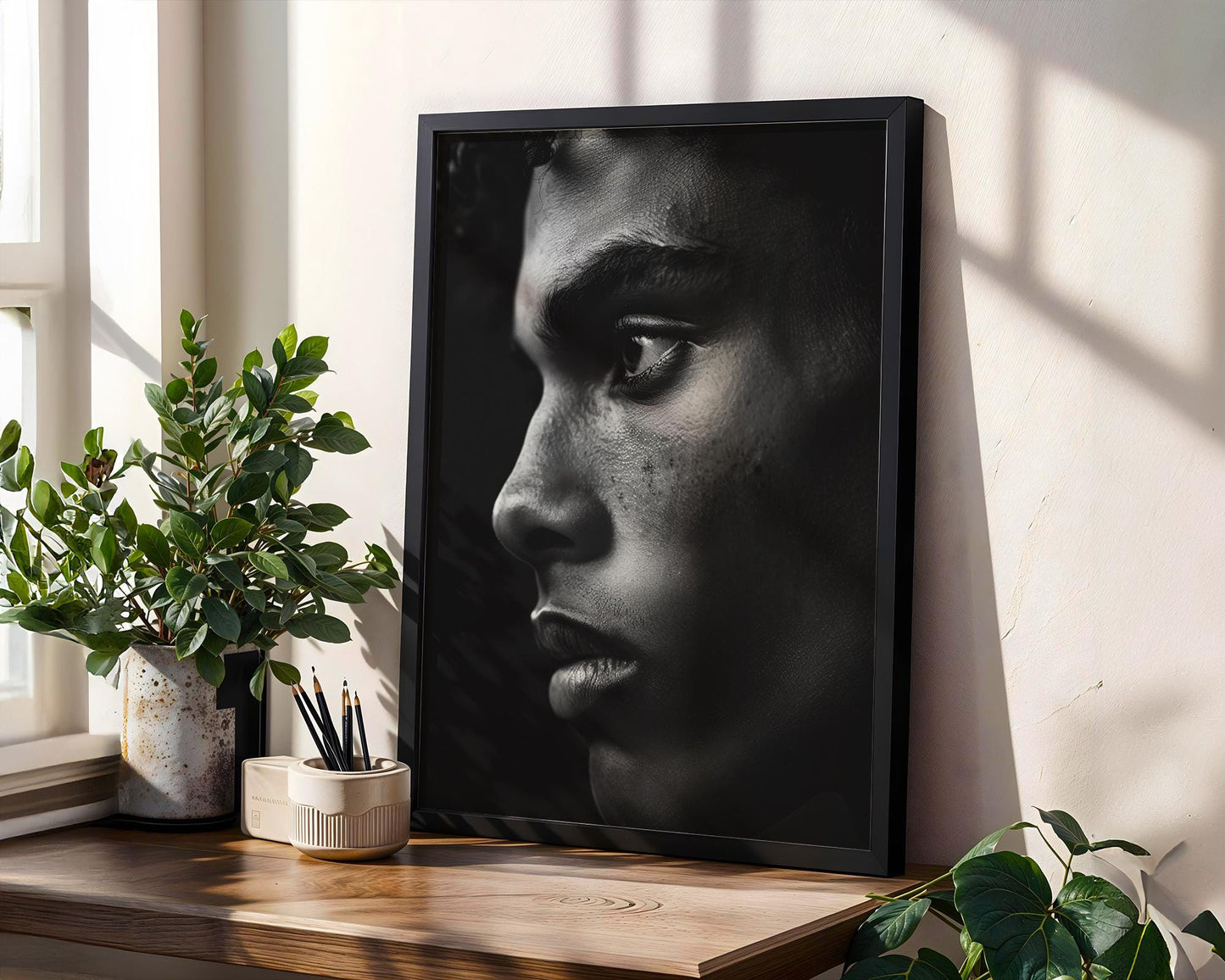 Minimal Wall Art Intense Male Portrait Print | Moody Black and White Close Up wall art print, minimalist black and white poster, modern Scandinavian wall decor, Monohaus