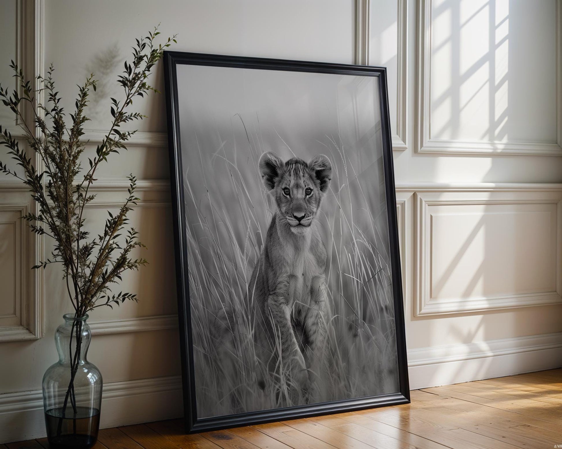 Wildlife Poster | Lion Cub Portrait Print | Minimalist Black & White Photography wall art print, minimalist black and white poster, modern Scandinavian wall decor, Monohaus