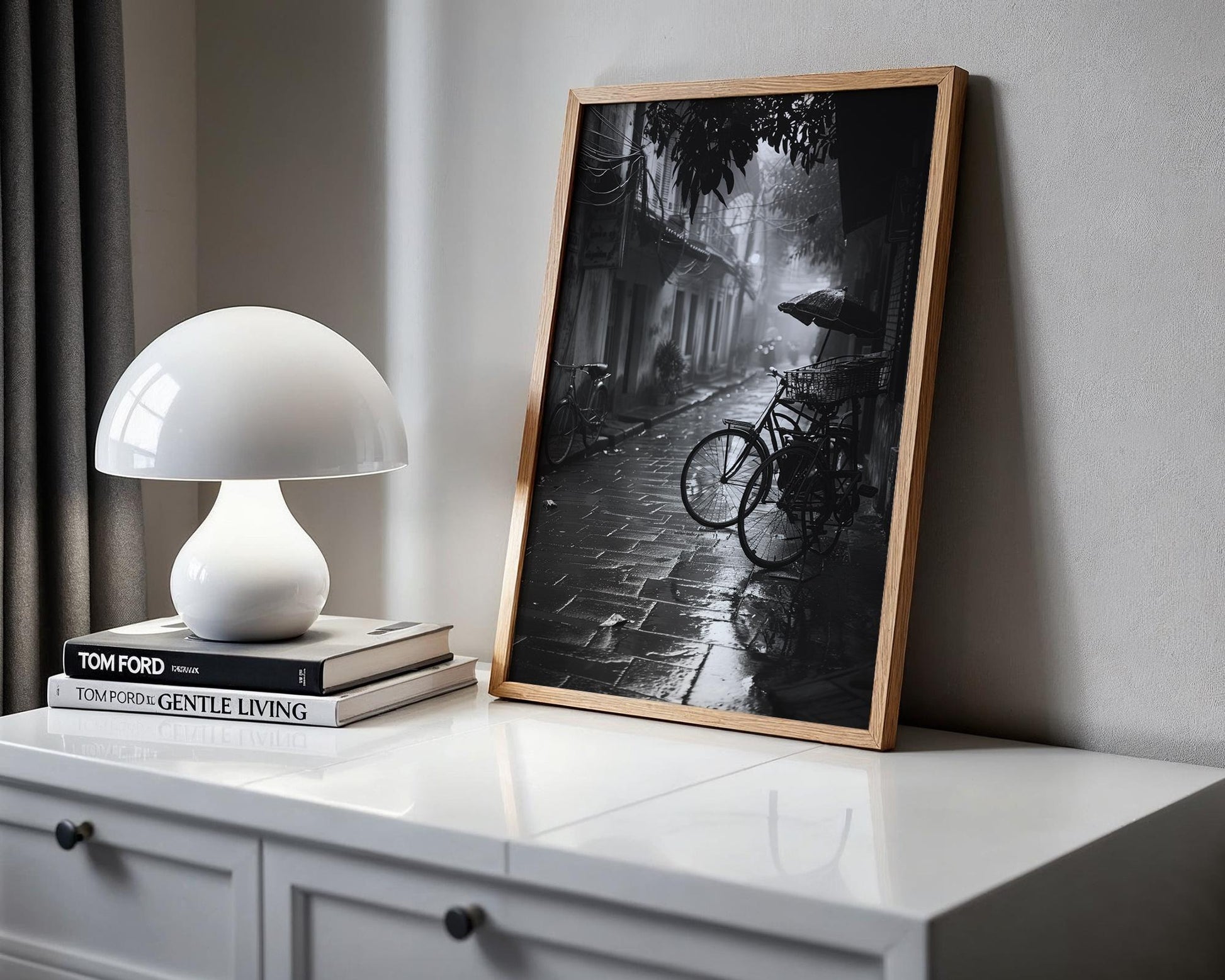 World Landmark | Vietnam Rainy Street Print | Black and White Bicycle Photography black and white photo print, minimalist monochrome wall art poster for modern interiors, Monohaus