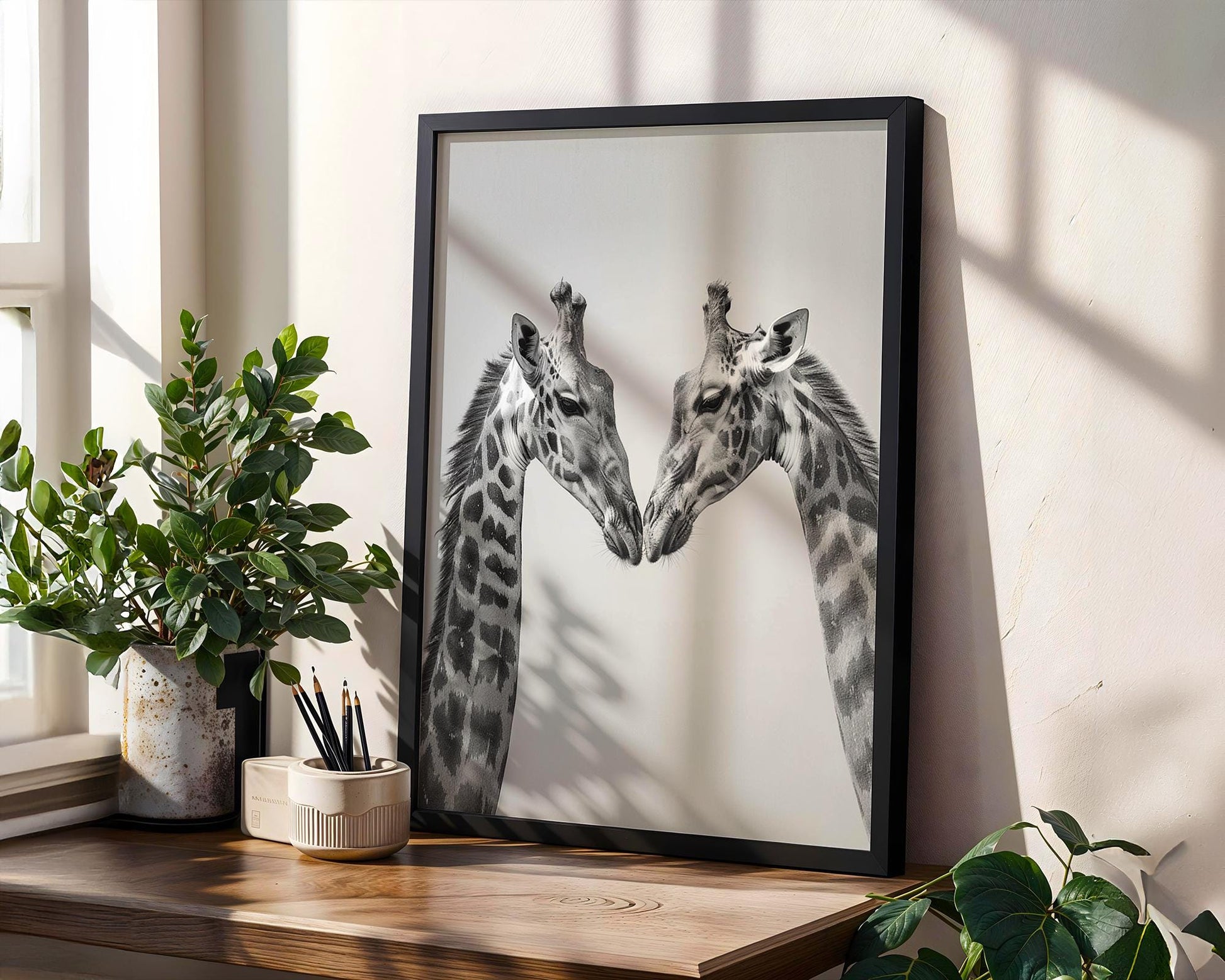 Wildlife Poster | Giraffe Pair Fine Art Print • Black & White Safari Photography wall art print, minimalist black and white poster, modern Scandinavian wall decor, Monohaus