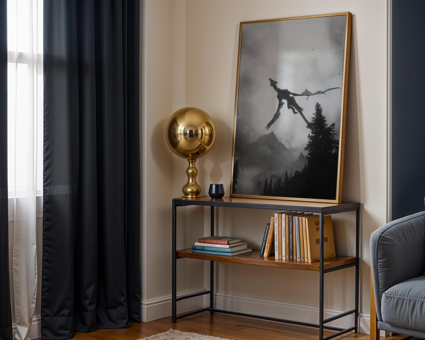 Designer Wall Art | Dragon Flying Print | Black & White Mountain Landscape Art wall art print, minimalist black and white poster, modern Scandinavian wall decor, Monohaus