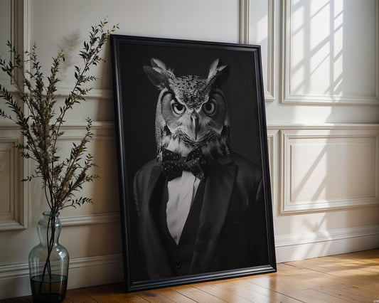 Designer Wall Art | Owl Portrait Print | Anthropomorphic Animal in Suit, Bow Tie wall art print, minimalist black and white poster, modern Scandinavian wall decor, Monohaus