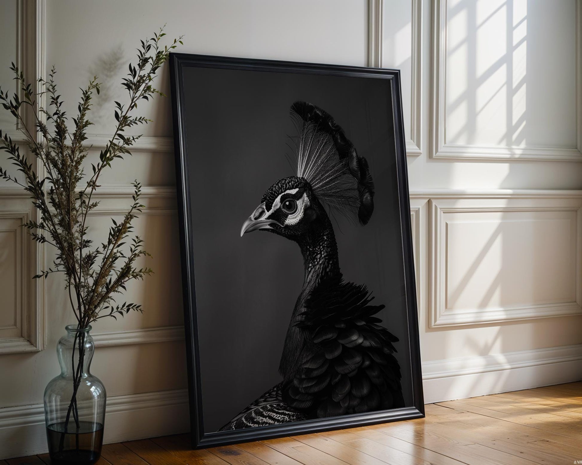 Dog Photography Black and White Peacock Print | Minimalist Home Decor Poster wall art print, minimalist black and white poster, modern Scandinavian wall decor, Monohaus