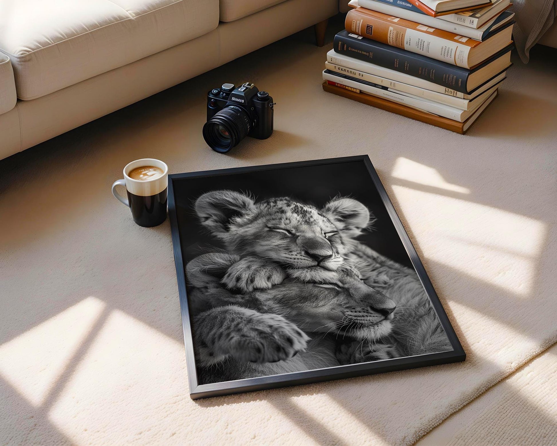 Wildlife Poster | Lion Cubs Sleeping Photography Print • Black & White Scandi Wall Art wall art print, minimalist black and white poster, modern Scandinavian wall decor, Monohaus