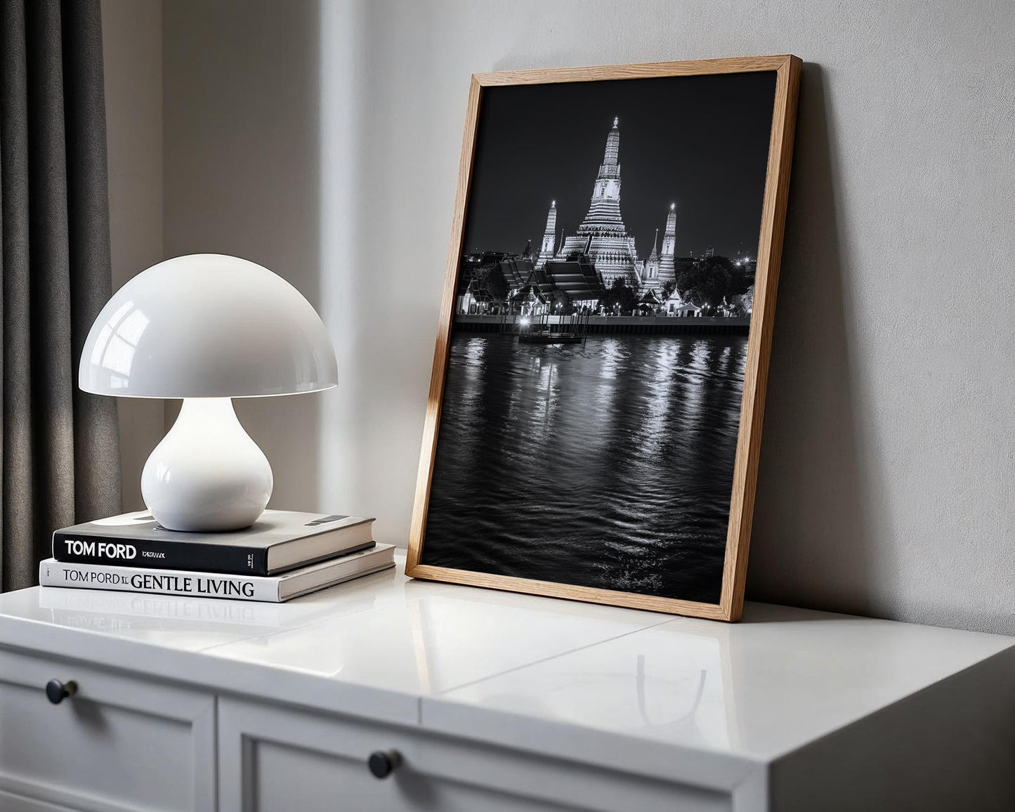 Wat Arun Temple, Bangkok Night Photography Print | Black and White Cityscape Wall Art