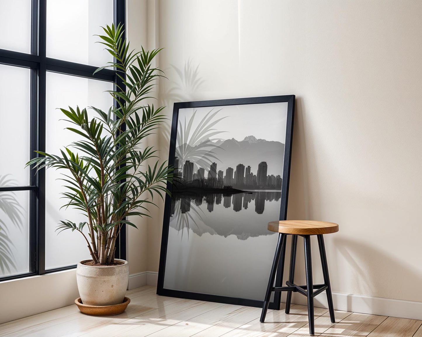 World Landmark | Vancouver Skyline Print | Black and White Mountain Reflection wall art print, minimalist black and white poster, modern Scandinavian wall decor, Monohaus