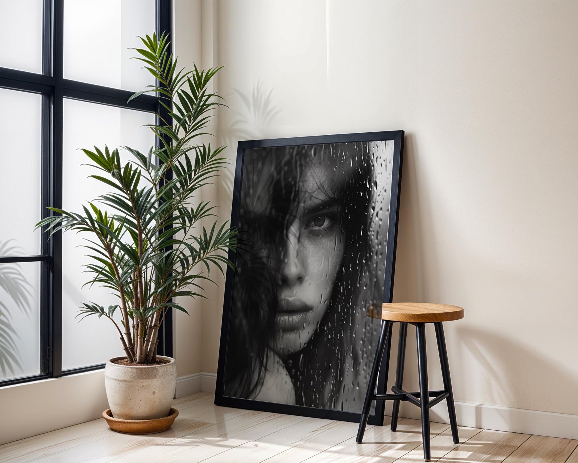 Minimal Wall Art | Dramatic Rain Woman Portrait | Black & White Moody Home Decor wall art print, minimalist black and white poster, modern Scandinavian wall decor, Monohaus