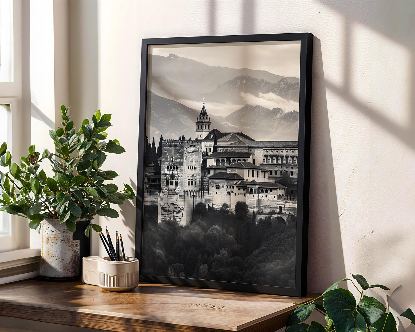 World Landmark | Alhambra Palace, Granada, Spain Print | Black and White Photography wall art print, minimalist black and white poster, modern Scandinavian wall decor, Monohaus
