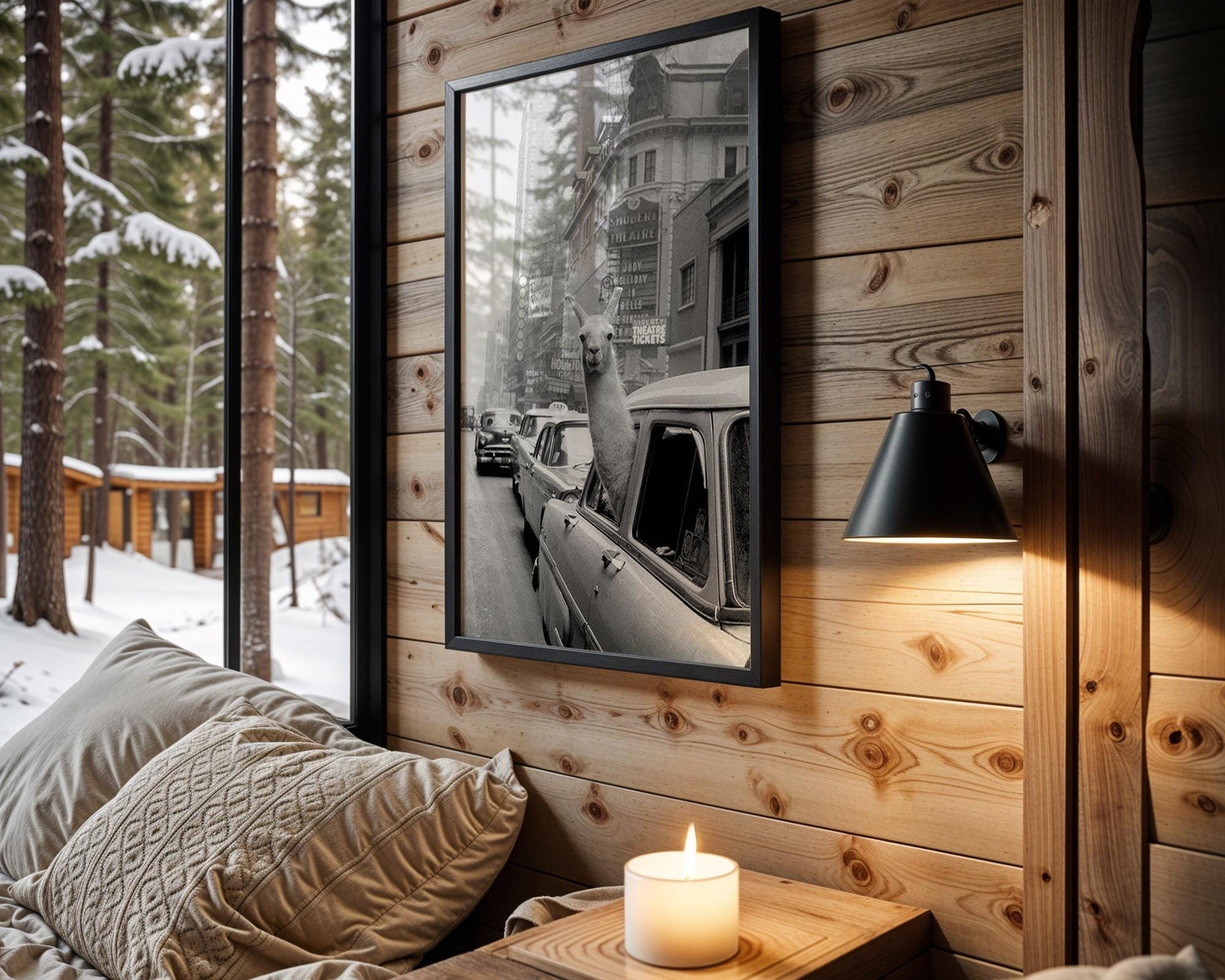 Designer Wall Art | Funny Llama in Car Print | Black and White City Photography wall art print, black and white architectural poster, minimalist modern Scandinavian wall decor, Monohaus