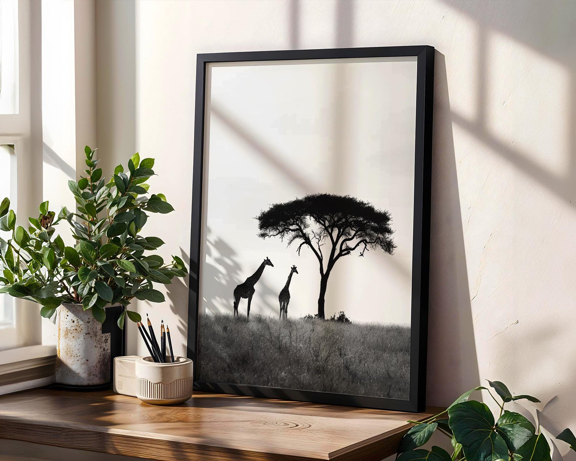 Wildlife Poster | Giraffe & Acacia Tree Print • Black and White Safari Photography wall art print, minimalist black and white poster, modern Scandinavian wall decor, Monohaus