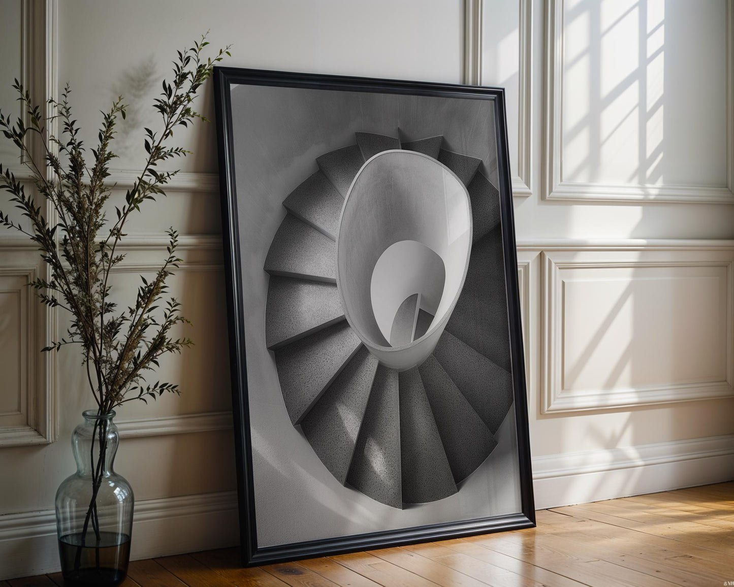 Minimal Wall Art Light Spiral | Black and White Urban Architecture Photography wall art print, black and white architectural poster, minimalist modern Scandinavian wall decor, Monohaus