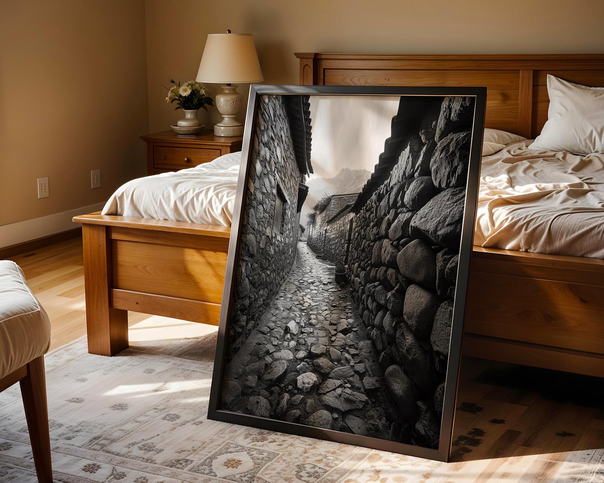 World Landmark | Ollantaytambo Peru Print | Stone Alleyway, Black and White Andes Photography wall art print, minimalist black and white poster, modern Scandinavian wall decor, Monohaus