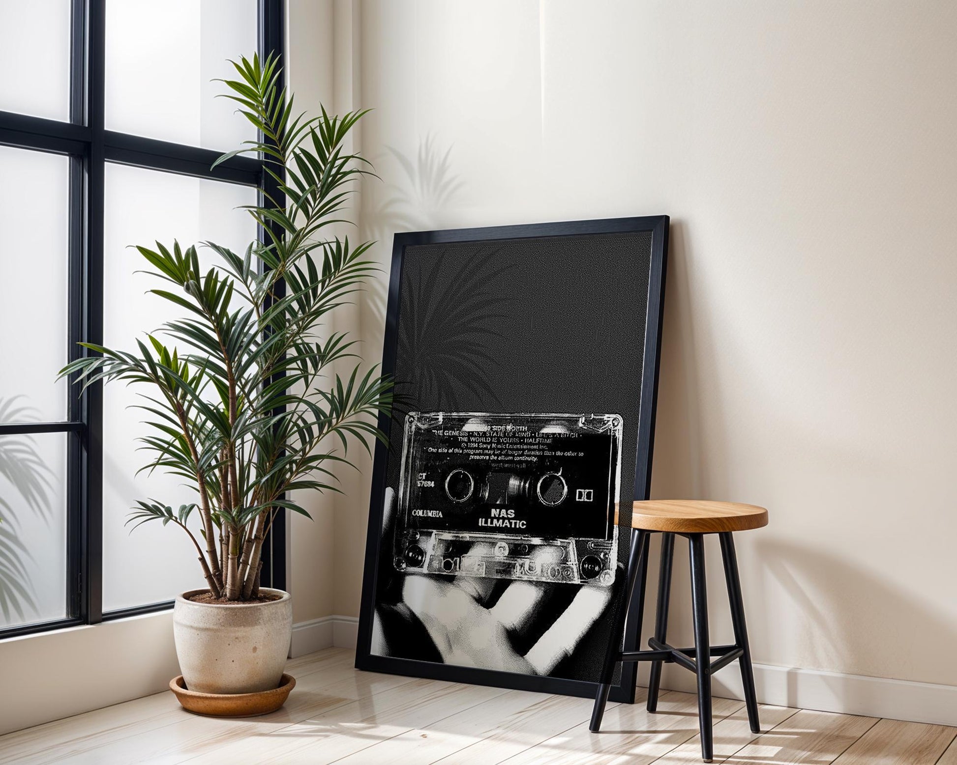 Designer Wall Art | Nas Illmatic Cassette Print | Black and White Hip Hop Photography wall art print, minimalist black and white poster, modern Scandinavian wall decor, Monohaus