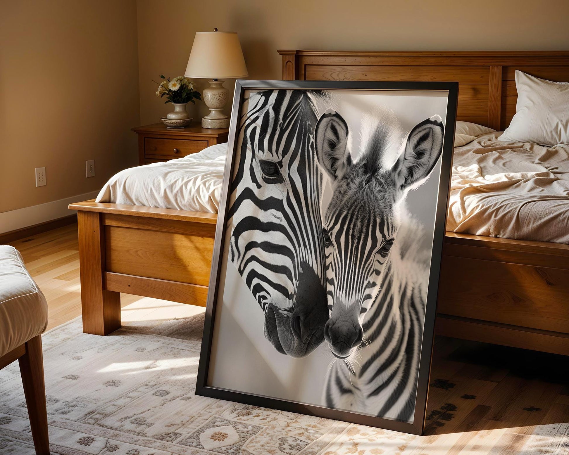 Wildlife Poster | Mother and Baby Zebra Print • Black & White Safari Animal Photography wall art print, minimalist black and white poster, modern Scandinavian wall decor, Monohaus