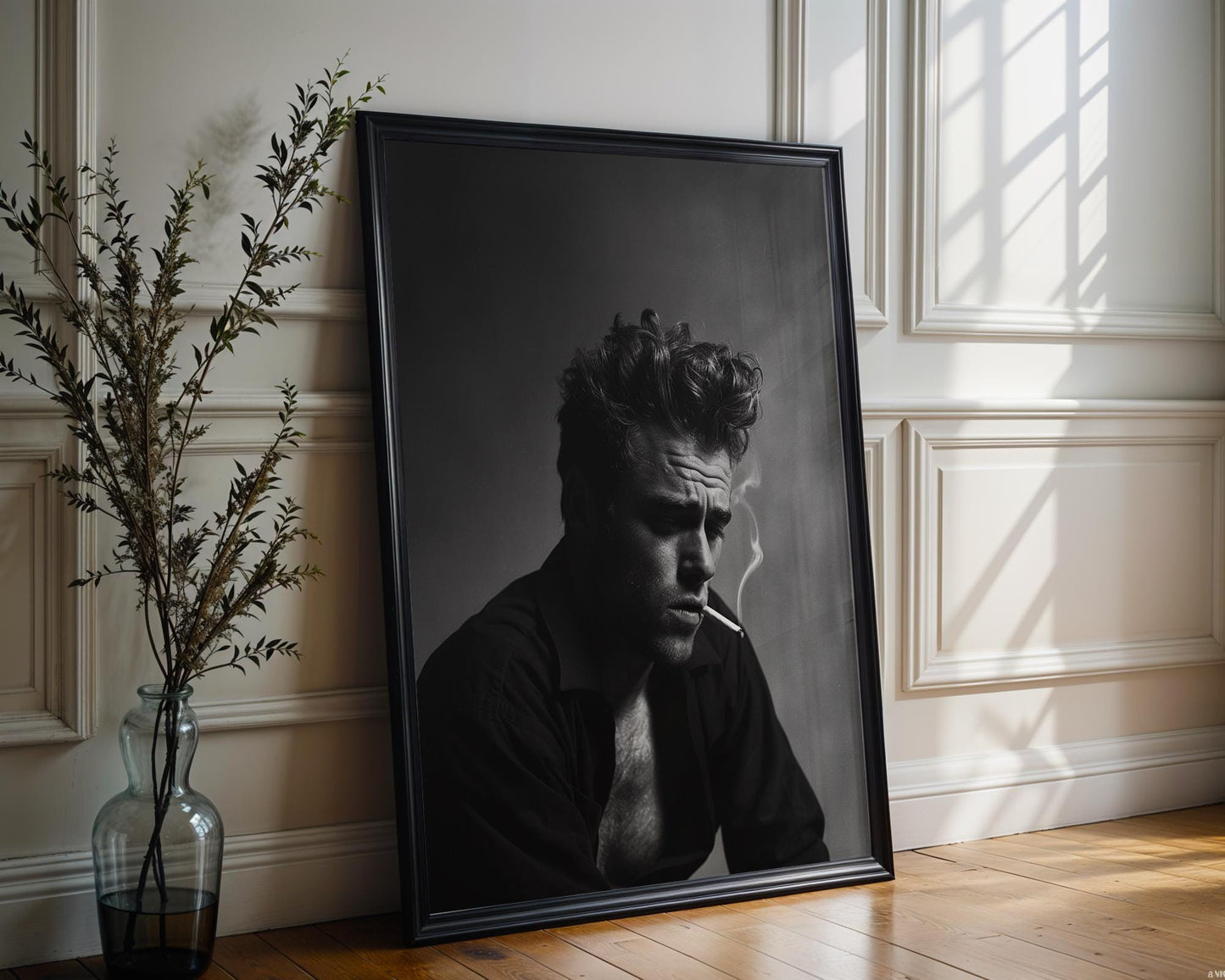 Minimal Wall Art Black & White Smoking Man Portrait | Classic Film Noir Photography Print wall art print, minimalist black and white poster, modern Scandinavian wall decor, Monohaus