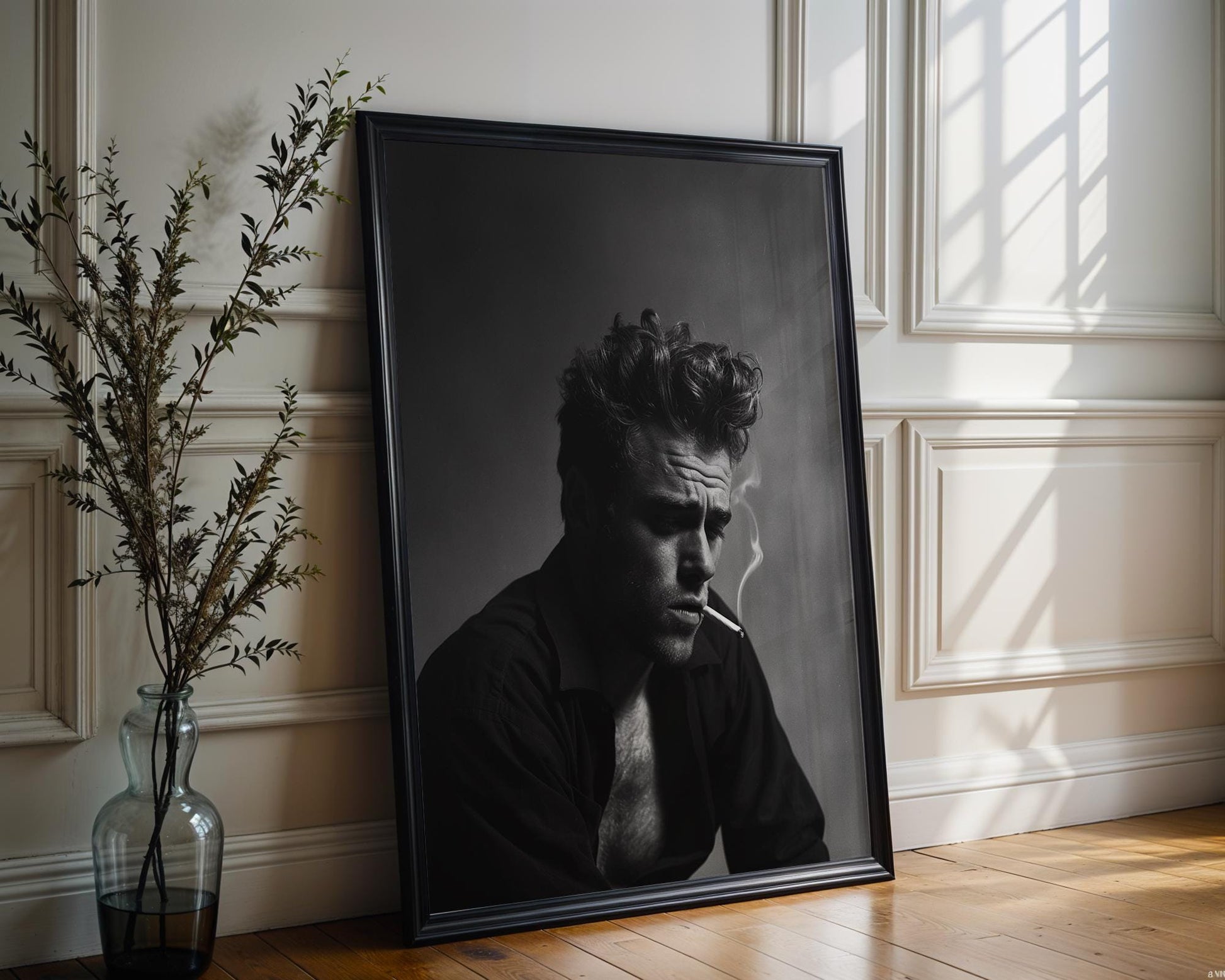 Minimal Wall Art Black & White Smoking Man Portrait | Classic Film Noir Photography Print wall art print, minimalist black and white poster, modern Scandinavian wall decor, Monohaus