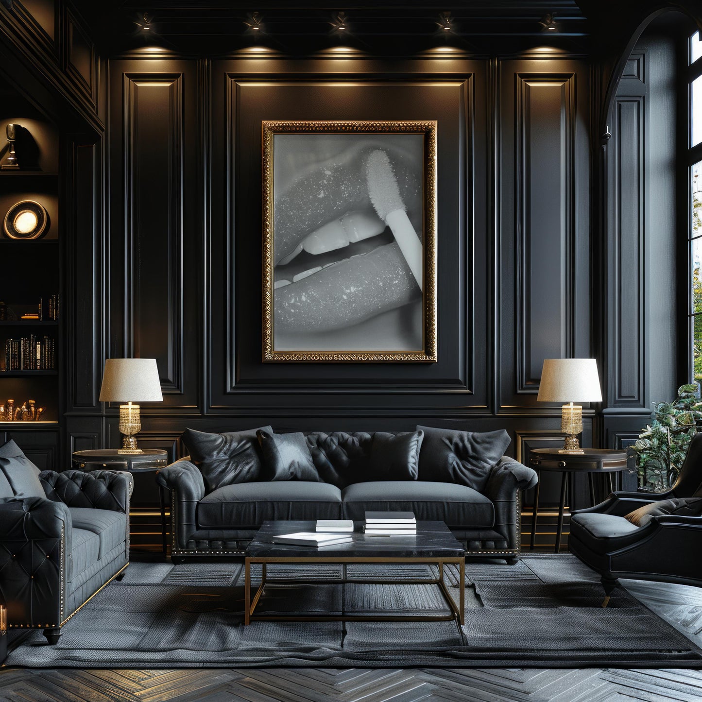 Designer Wall Art | Glitter Lips Print | Black and White Glam Makeup Photography wall art print, minimalist black and white poster, modern Scandinavian wall decor, Monohaus