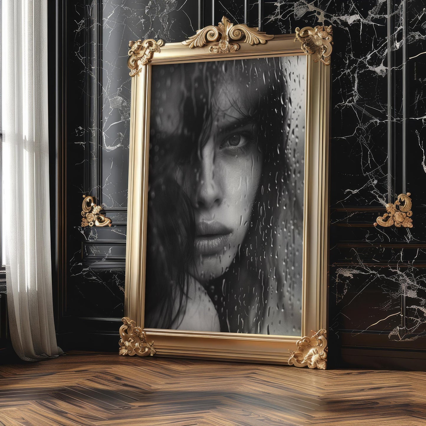 Minimal Wall Art | Dramatic Rain Woman Portrait | Black & White Moody Home Decor wall art print, minimalist black and white poster, modern Scandinavian wall decor, Monohaus