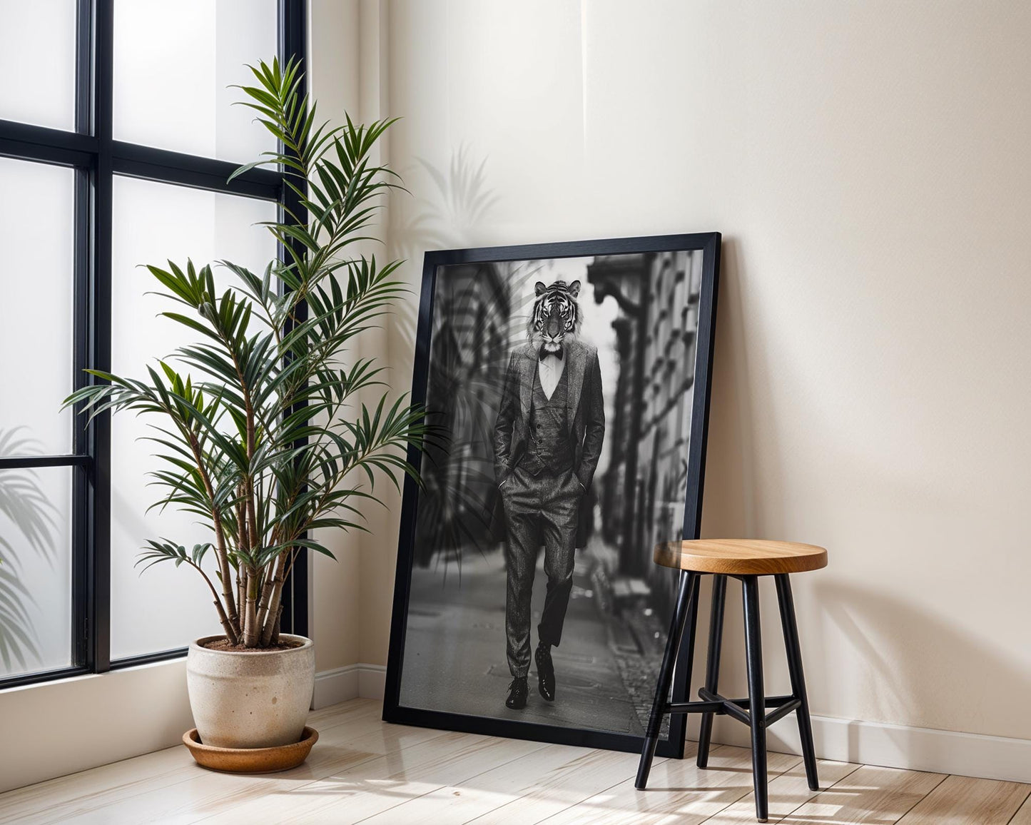 Designer Wall Art | Tiger Print in Full Tweed Suit | Black and White Photography wall art print, minimalist black and white poster, modern Scandinavian wall decor, Monohaus