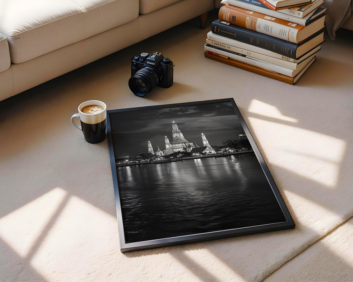 World Landmark | Wat Arun Temple Black and White Print | Bangkok Night Cityscape Wall Art