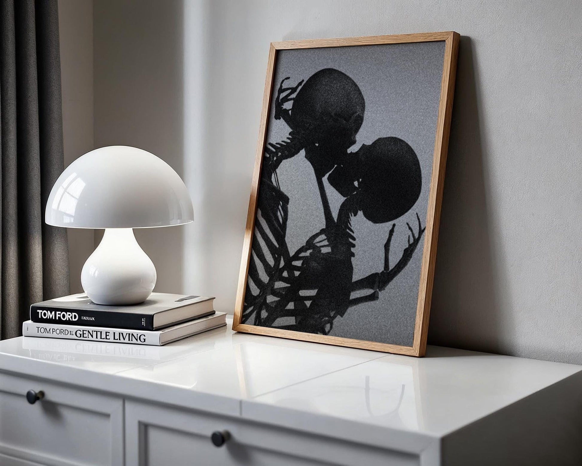 Designer Wall Art | Skeleton Kissing Print | Gothic Romance, Dark Valentine Art wall art print, minimalist black and white poster, modern Scandinavian wall decor, Monohaus