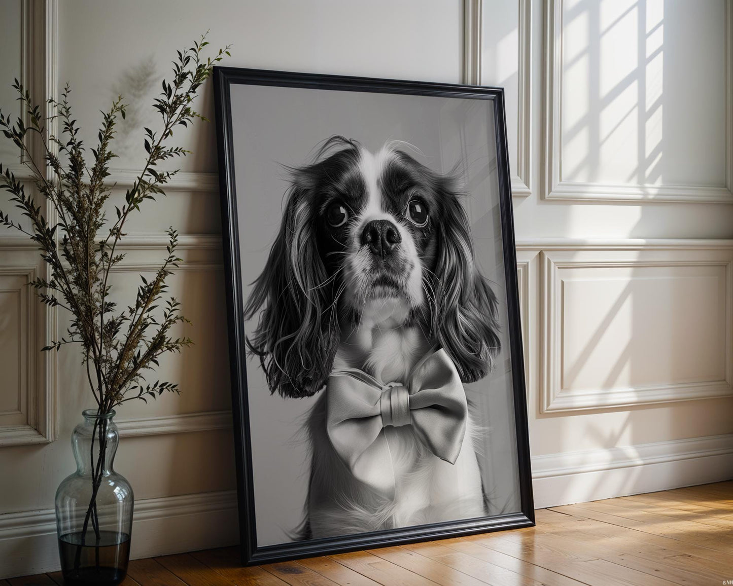 Dog Photography Cavalier Pet Portrait | Black and White Art with Bow Tie wall art print, minimalist black and white poster, modern Scandinavian wall decor, Monohaus
