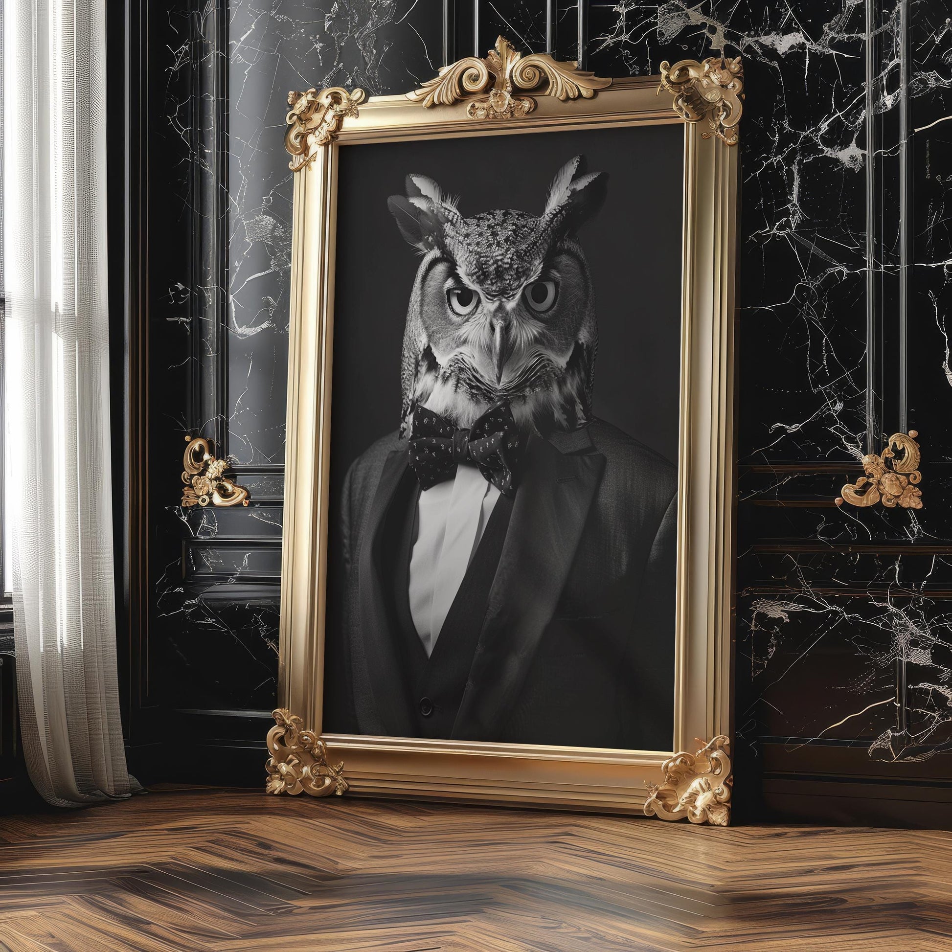 Designer Wall Art | Owl Portrait Print | Anthropomorphic Animal in Suit, Bow Tie wall art print, minimalist black and white poster, modern Scandinavian wall decor, Monohaus