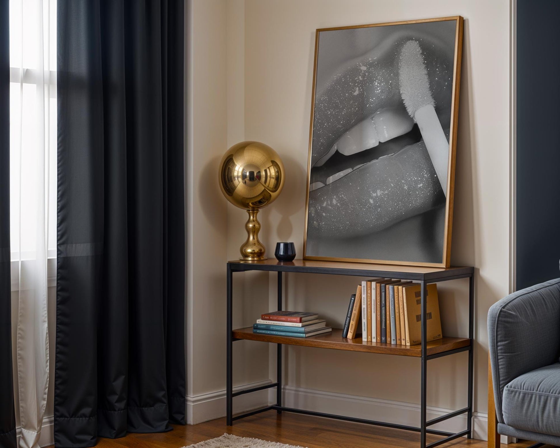 Designer Wall Art | Glitter Lips Print | Black and White Glam Makeup Photography wall art print, minimalist black and white poster, modern Scandinavian wall decor, Monohaus