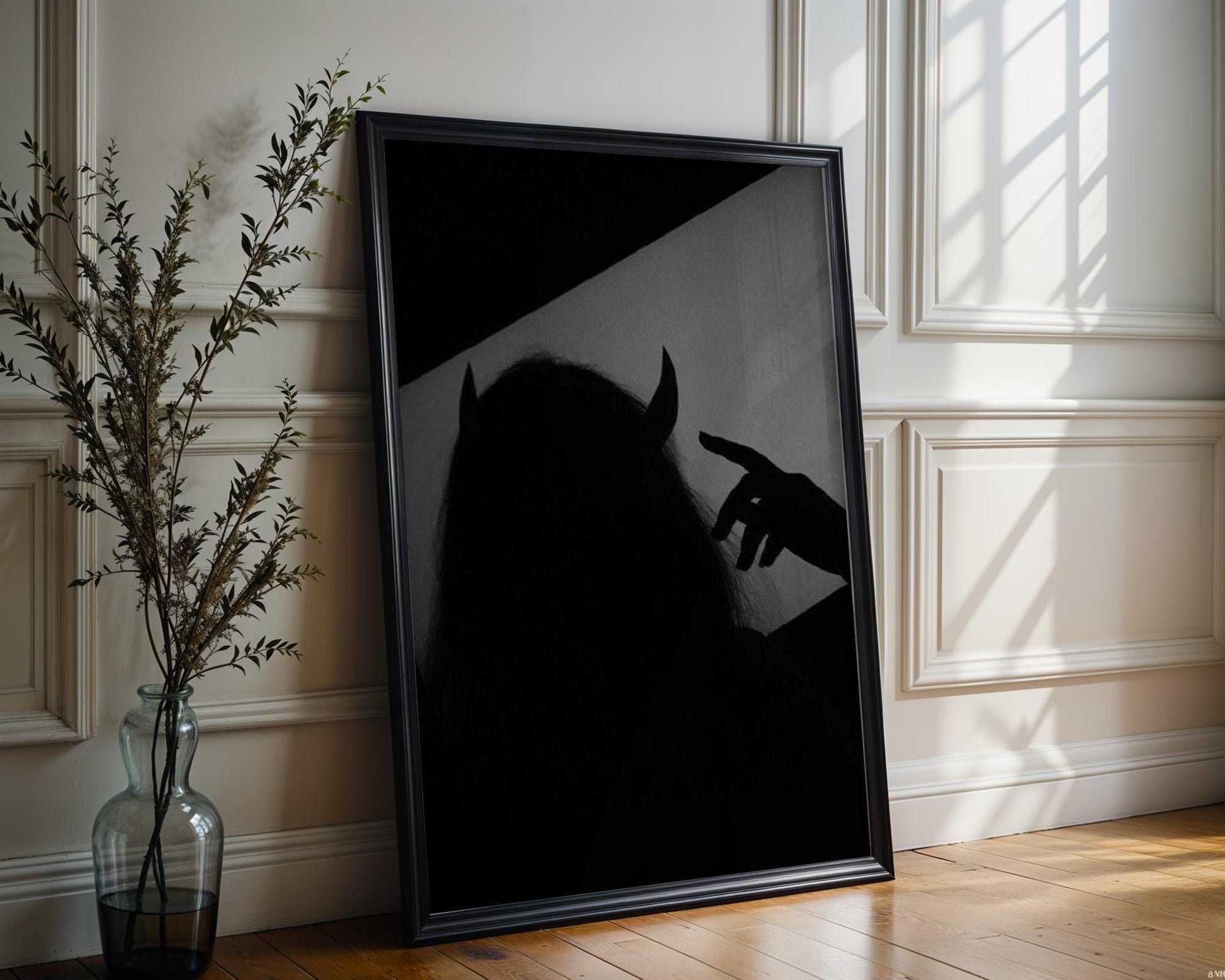 Devil Horns Shadow Print | Gothic Monochrome Wall Art wall art print, minimalist black and white poster, modern Scandinavian wall decor, Monohaus