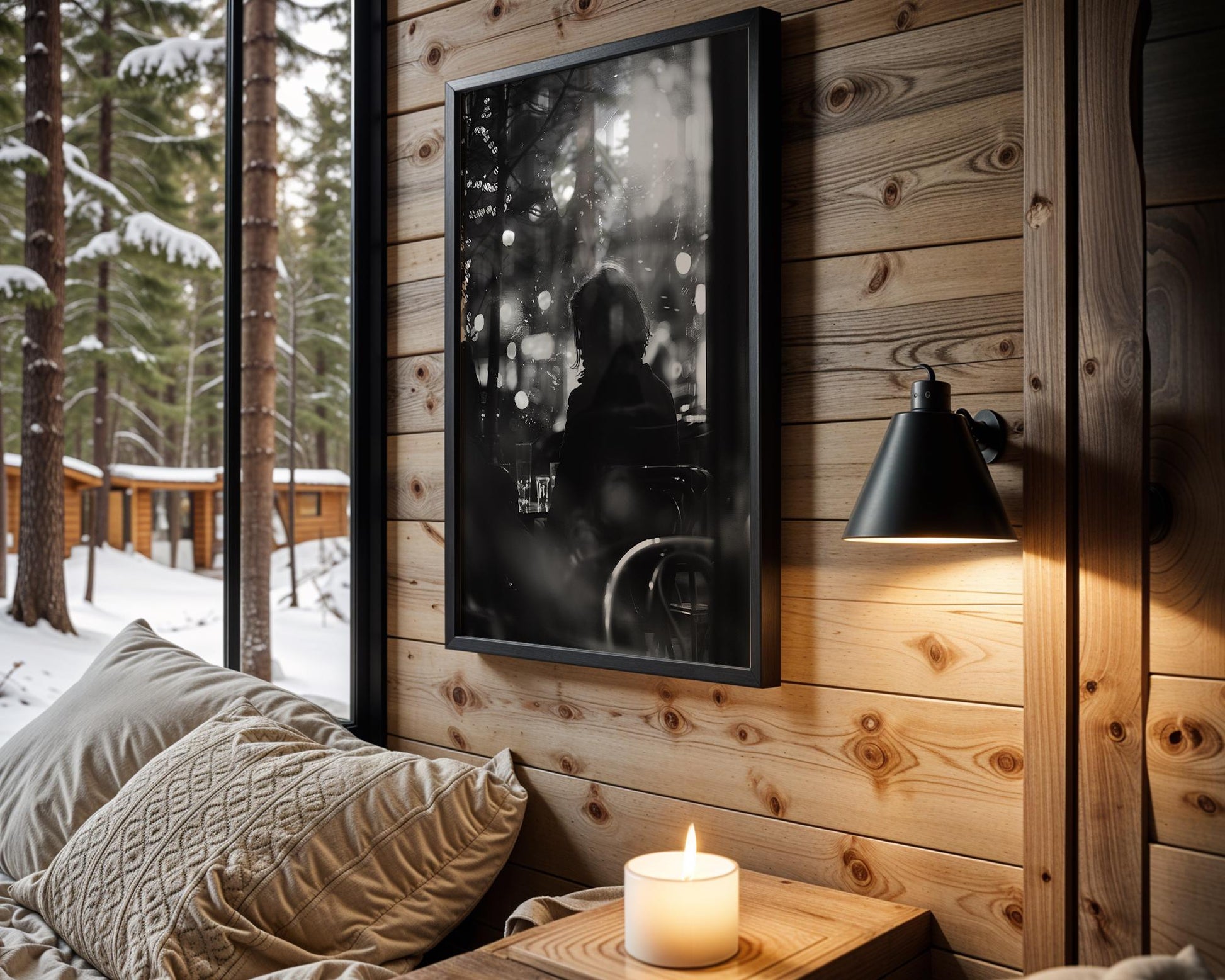 Urban Photography | Cafe Silhouette Print | Moody Black and White Night Photography black and white photo print, minimalist monochrome wall art poster for modern interiors, Monohaus