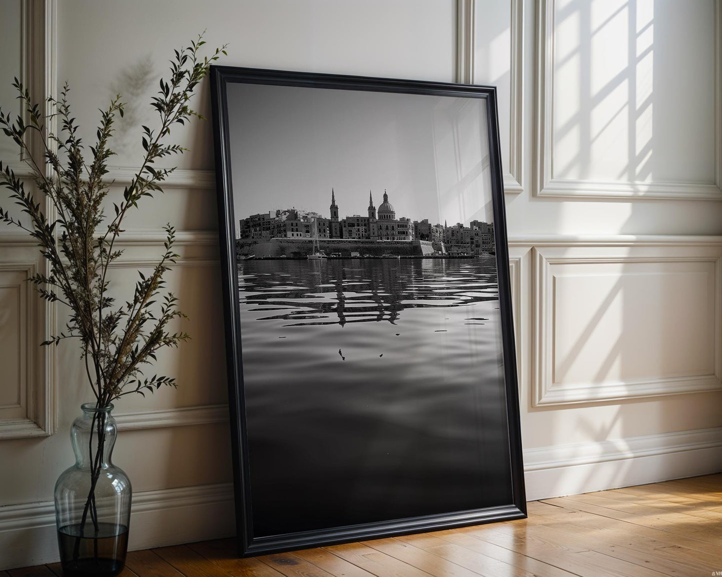 World Landmark | Valletta Malta Print | Black and White Mediterranean Skyline Photography wall art print, minimalist black and white poster, modern Scandinavian wall decor, Monohaus