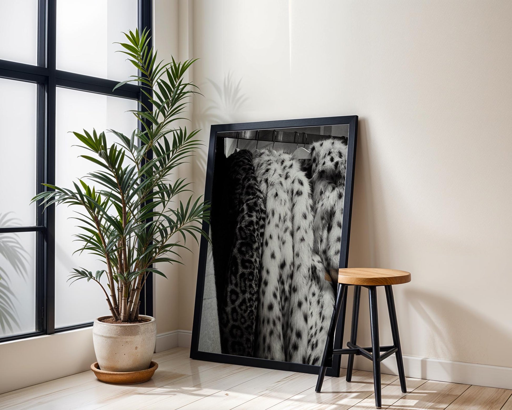 Designer Wall Art | Leopard Print Faux Fur Coat Poster | Black and White Glam wall art print, minimalist black and white poster, modern Scandinavian wall decor, Monohaus