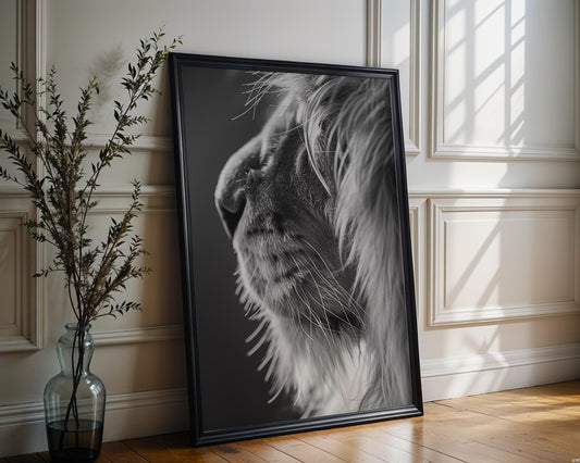 Wildlife Poster | Lion Close-Up Print | Minimalist Black & White Safari Photography wall art print, minimalist black and white poster, modern Scandinavian wall decor, Monohaus