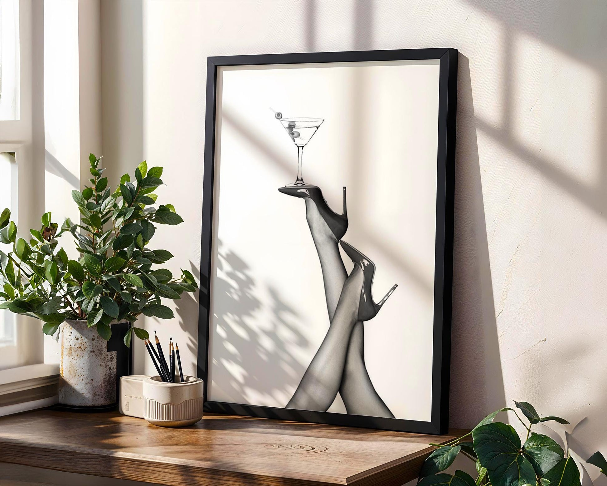 Designer Wall Art | Martini & Heels Print | Black and White Fashion Home Decor wall art print, minimalist black and white poster, modern Scandinavian wall decor, Monohaus