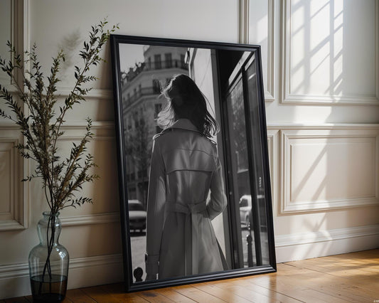 Minimal Wall Art Parisian Woman in Trench Coat Print | Modern Minimalist Home Decor wall art print, minimalist black and white poster, modern Scandinavian wall decor, Monohaus