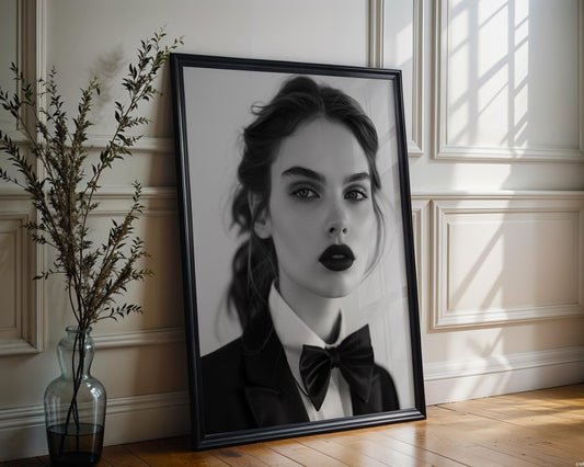 Minimal Wall Art Black and White Woman Portrait | Bow Tie, Suit, Fine Art Print wall art print, minimalist black and white poster, modern Scandinavian wall decor, Monohaus