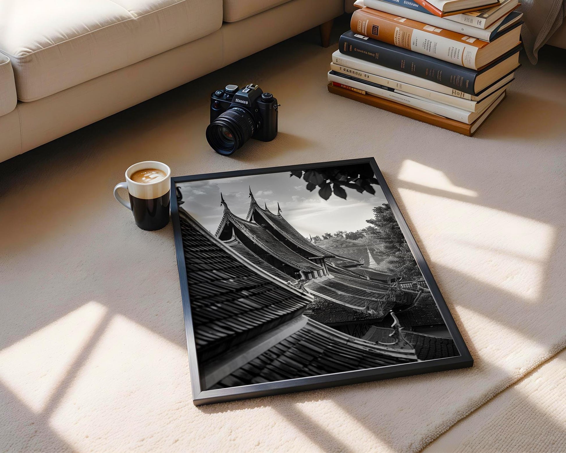 World Landmark | Laos Temple Roofs Print | Luang Prabang Black and White Photography wall art print, minimalist black and white poster, modern Scandinavian wall decor, Monohaus