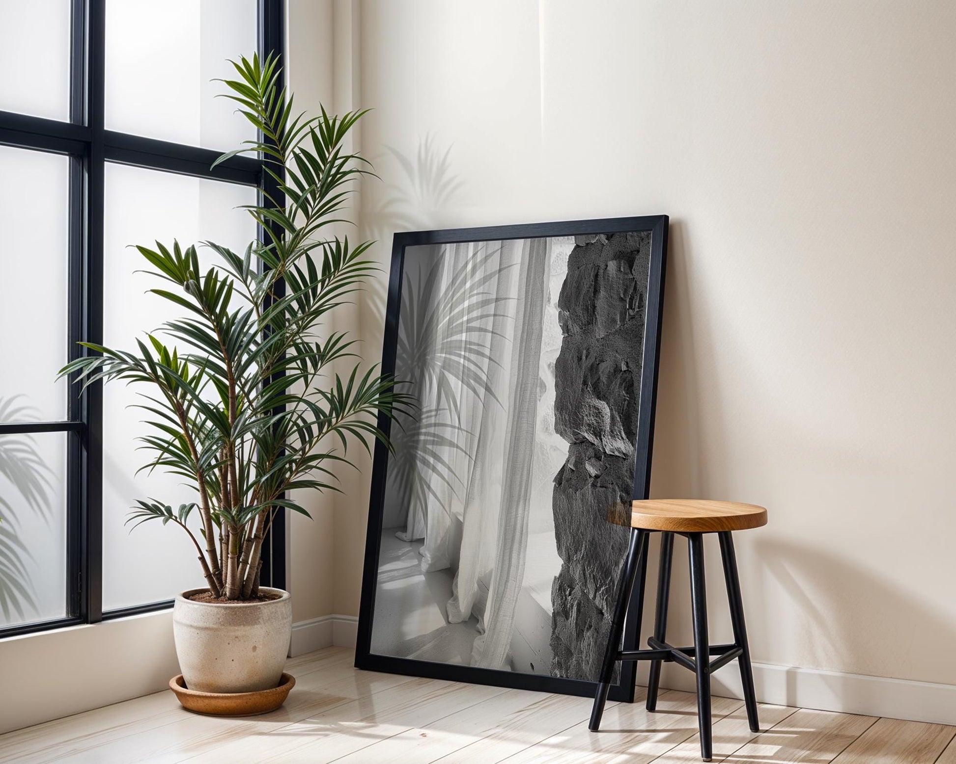 Minimal Wall Art Curtain Photography Print | Modern Neutral Home wall art print, minimalist black and white poster, modern Scandinavian wall decor, Monohaus