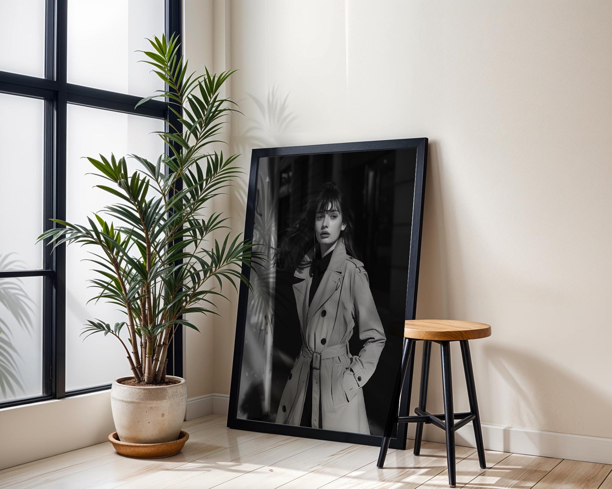 Minimal Wall Art Woman in Trench Coat Print | Black and White Minimalist Fashion Photo wall art print, minimalist black and white poster, modern Scandinavian wall decor, Monohaus