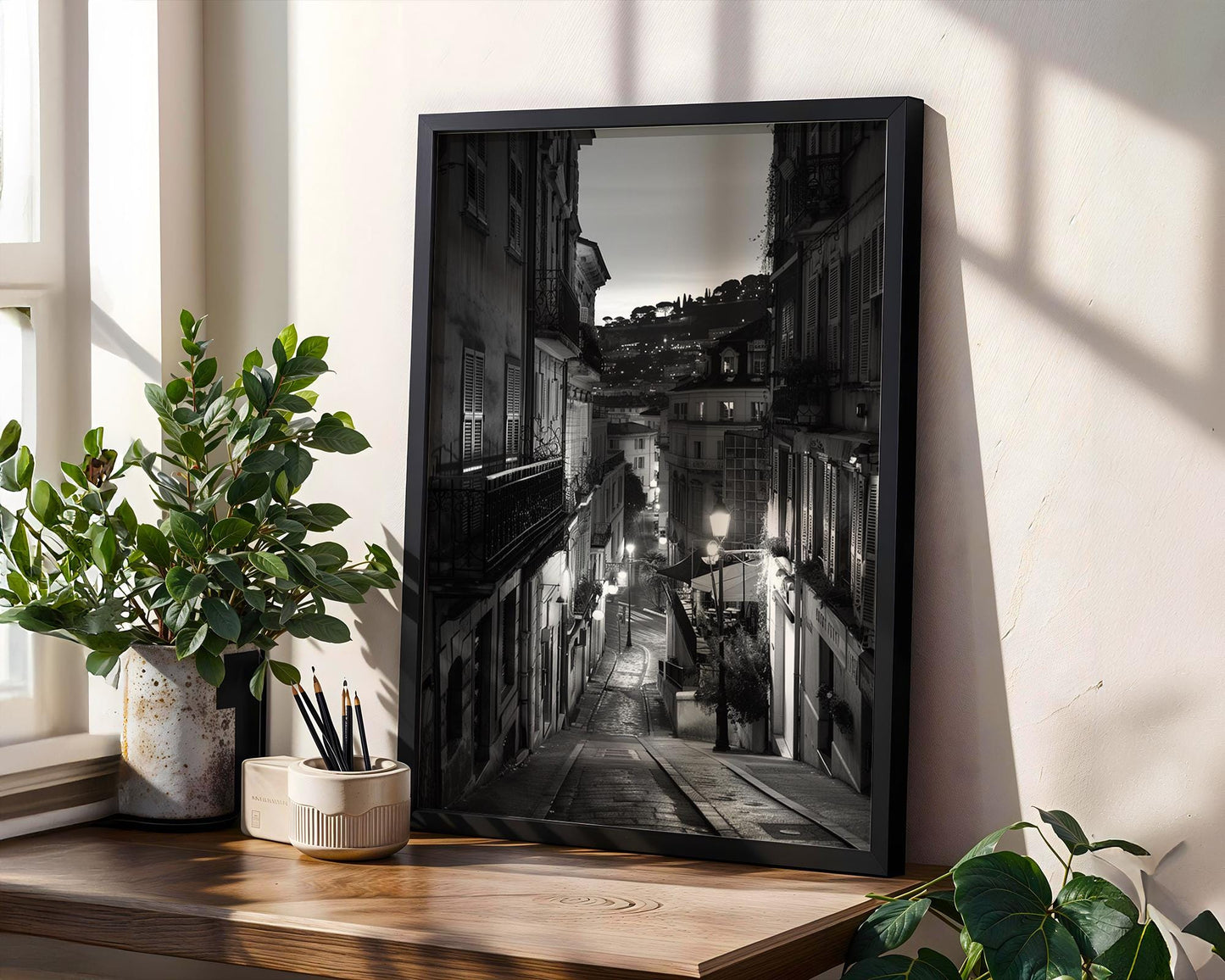 World Landmark | French Riviera Print | Old Town Street Black and White Photography black and white photo print, minimalist monochrome wall art poster for modern interiors, Monohaus