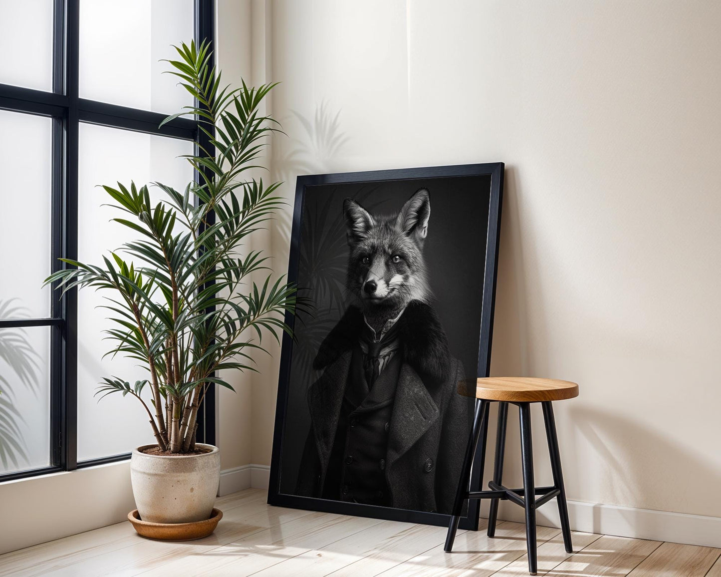 Designer Wall Art | Fox in Suit | Black and White Anthropomorphic Animal Portrait wall art print, minimalist black and white poster, modern Scandinavian wall decor, Monohaus