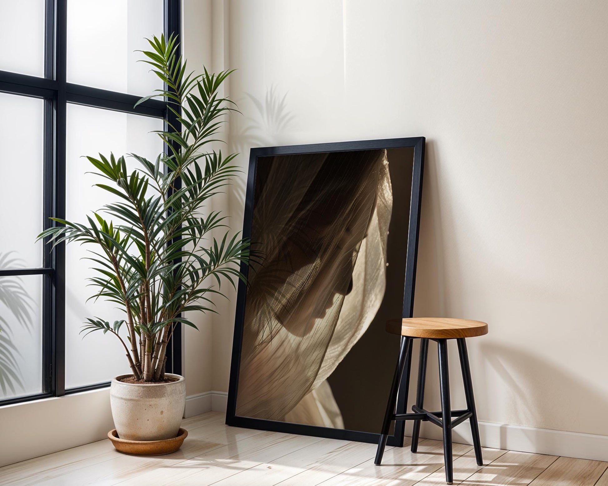 Minimal Wall Art Ethereal Veiled Woman Art Print | Dark Feminine Silhouette Photo wall art print, minimalist black and white poster, modern Scandinavian wall decor, Monohaus