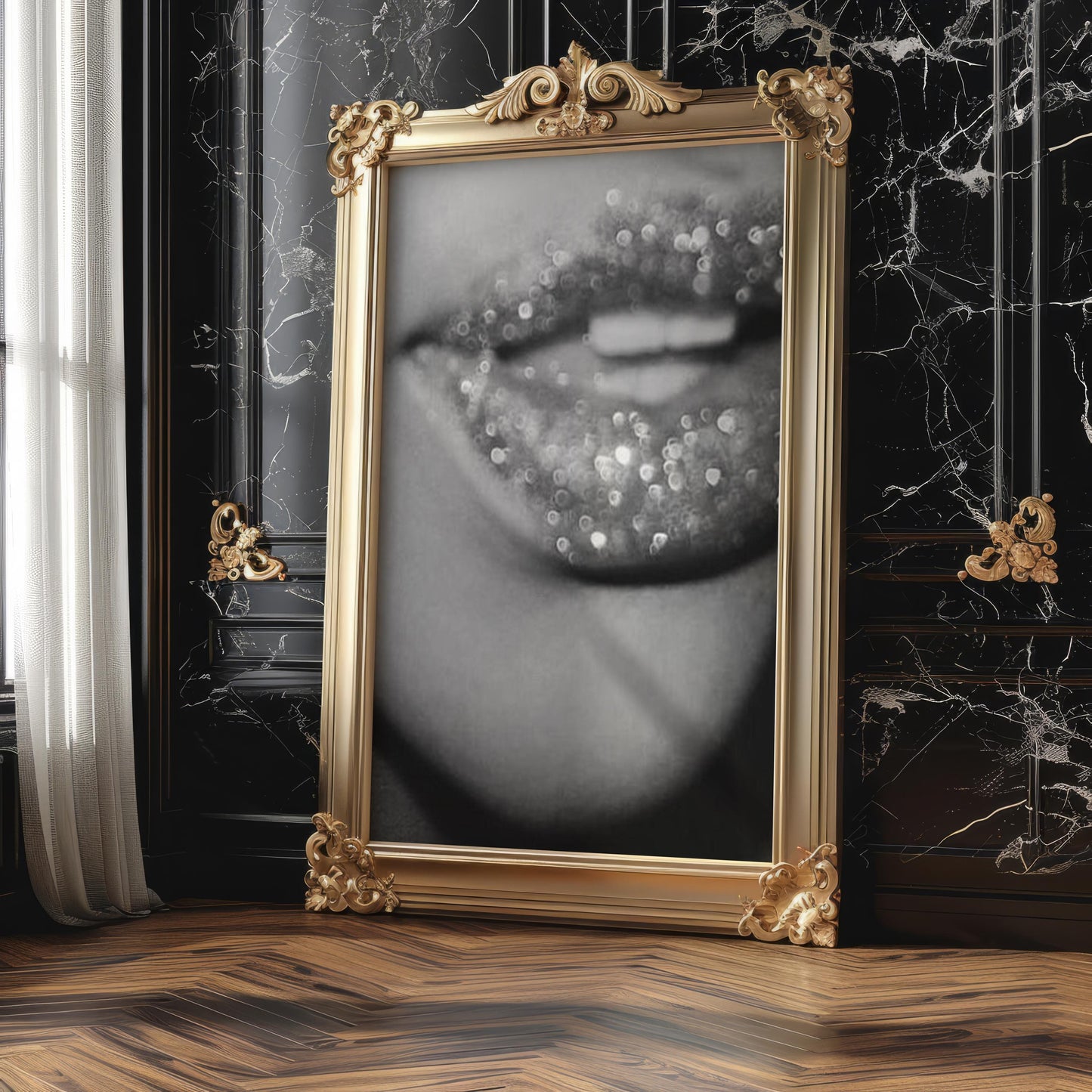 Glitter Lips Photography Print | Monochrome Glam Wall Art wall art print, minimalist black and white poster, modern Scandinavian wall decor, Monohaus