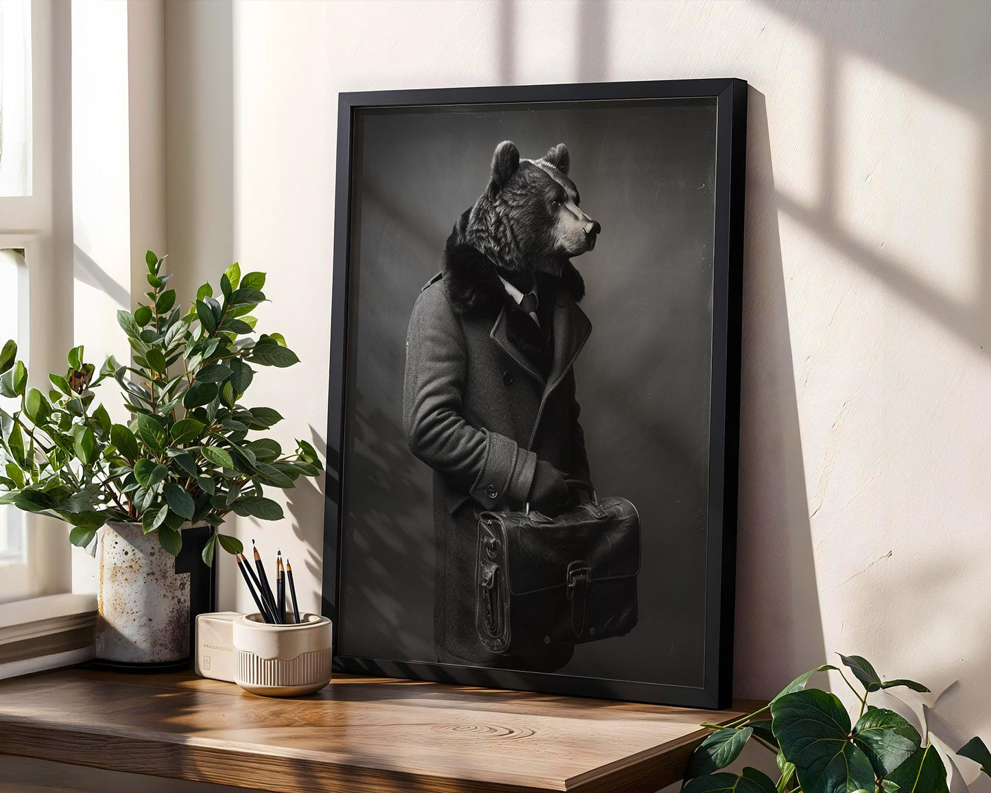 Designer Wall Art | Monochrome Bear Portrait Print | Fine Art Animal in Coat wall art print, minimalist black and white poster, modern Scandinavian wall decor, Monohaus