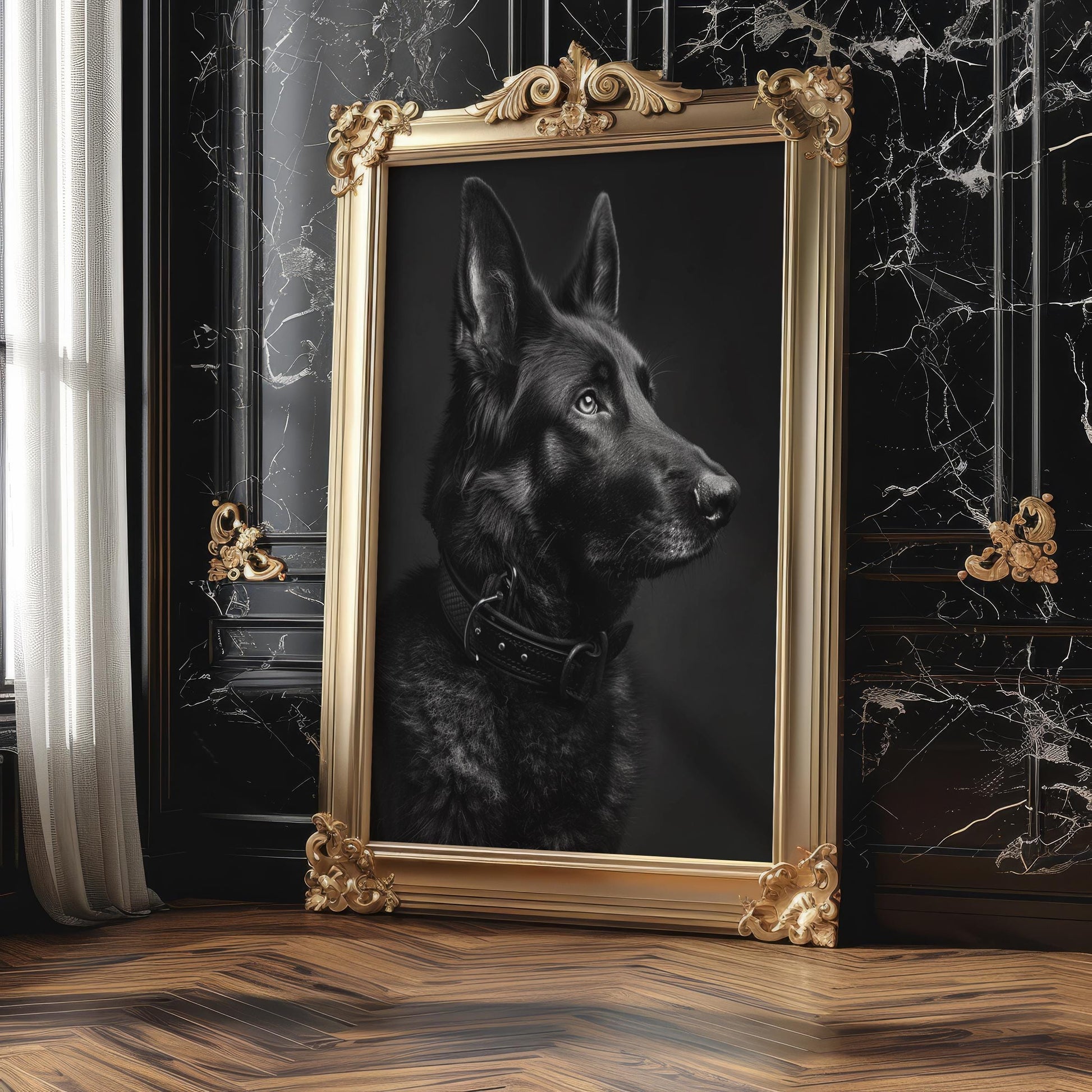 Dog Photography Black German Shepherd Portrait | Moody Fine Art Pet Print wall art print, minimalist black and white poster, modern Scandinavian wall decor, Monohaus