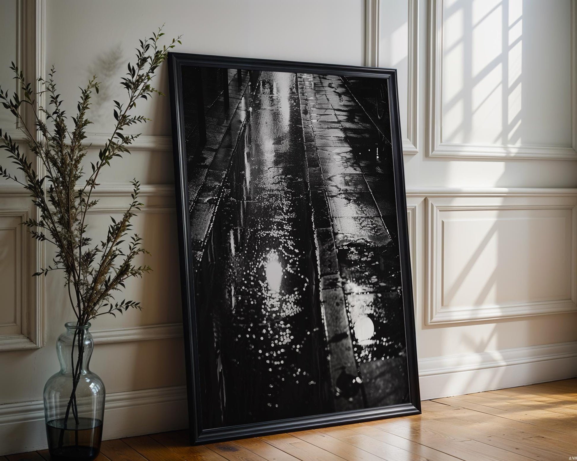 Rainy Night Street Photography Print | Black & White Urban Decor black and white photo print, minimalist monochrome wall art poster for modern interiors, Monohaus