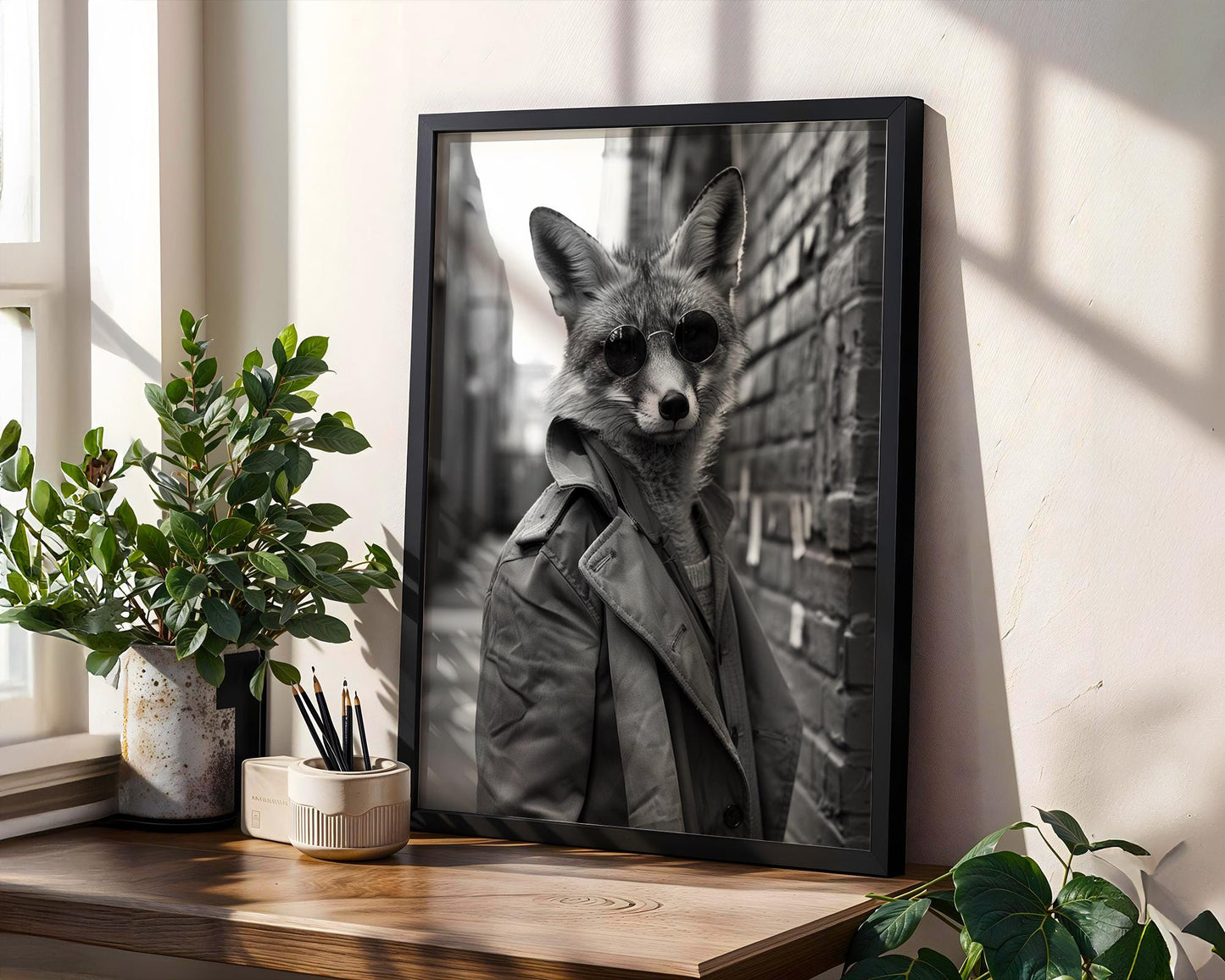 Designer Wall Art | Fox with Sunglasses Art Print | Black and White Animal Portrait wall art print, minimalist black and white poster, modern Scandinavian wall decor, Monohaus