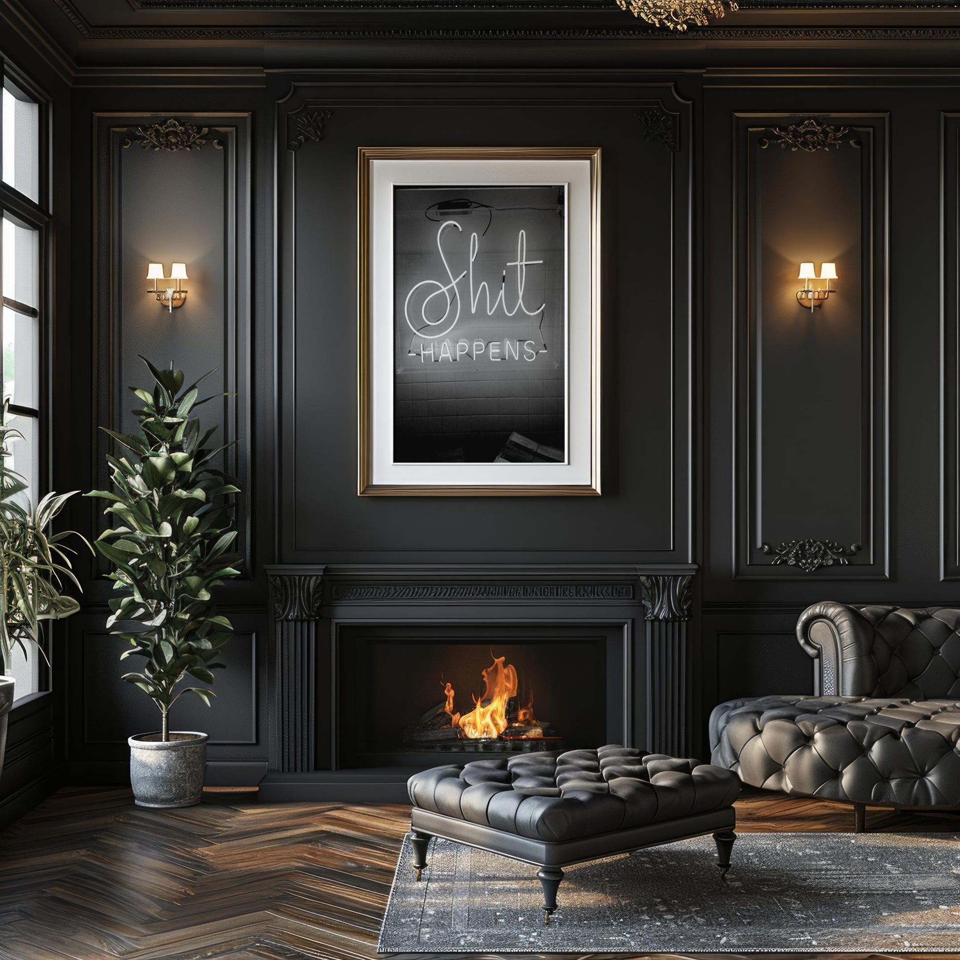 Designer Wall Art | Shit Happens Neon Sign Print | Black & White Quote Poster typography wall art print, minimalist black and white type poster, modern graphic design decor, Monohaus