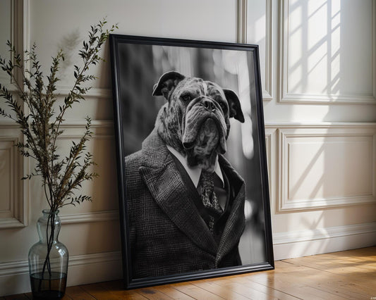 Dog Photography Brindle Bulldog in Tweed Coat Art Print | Dapper Pet Portrait wall art print, minimalist black and white poster, modern Scandinavian wall decor, Monohaus
