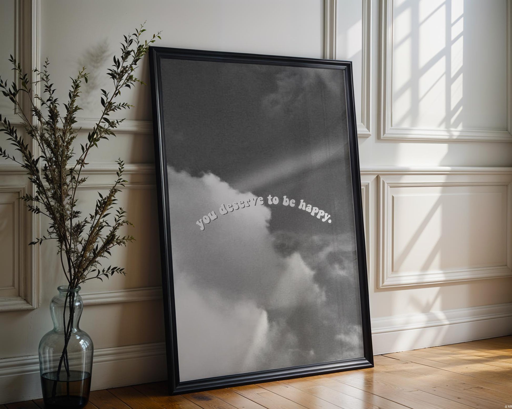 Designer Wall Art | You Deserve To Be Happy Sky Print | Minimalist Home Decor wall art print, minimalist black and white poster, modern Scandinavian wall decor, Monohaus